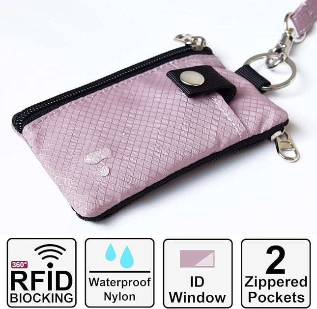 Minimalist RFID Blocking Small Wallet with ID Window,WaterResistant Zip Id Case Wallet with Lanyard Keychain for Cards,Cash,Travel,Women,Men