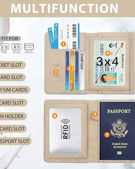 Melsbrinna Rfid Passport Holder for Travel women/Men, Cute Passport Wallet Rfid Blocking Card Slots, Rfid Passport Cover/CaseTravel Wallet, Passport Book Holder (1, Beige)