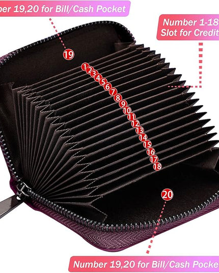 Linno RFID 20 Slots Credit Card Holder Genuine Leather Small Wallet for Women or Men with Zipper