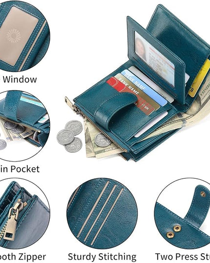 GAEKEAO Small Wallet for Women, Bifold Leather RFID Blocking Ladies Compact Card Holder with Zipper Pocket & ID Window