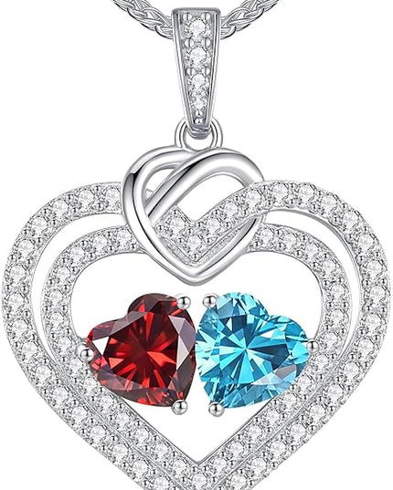 LOUISA SECRET Sparkling Double Heart Birthstone Necklaces for Women, 925 Sterling Silver Fine Jewelry, Pendant Heart Necklaces Birthday Anniversary Christmas Gift for Women Wife Mom Girlfriend Lady