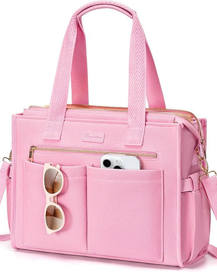 Canvas Tote Bag for Women, 15-Pockets Work Laptop Tote Purse Large Crossbody Nurse Teacher Bible Bag for School Travel Daily | with Strap & Zipper, Multi Compartment, Stand Upright Stably, College Shoulder Bag, Clinical Nursing Bag, Ideal Gift for Women