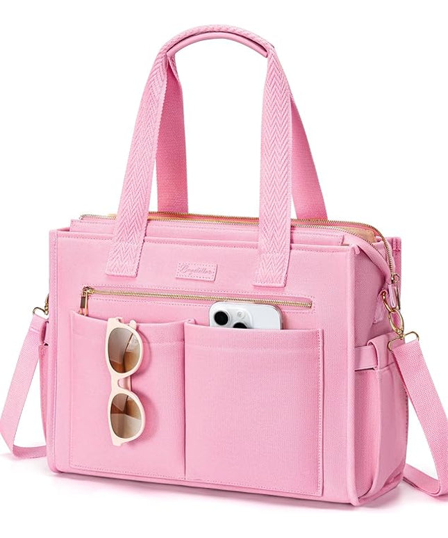 Canvas Tote Bag for Women, 15-Pockets Work Laptop Tote Purse Large Crossbody Nurse Teacher Bible Bag for School Travel Daily | with Strap & Zipper, Multi Compartment, Stand Upright Stably, College Shoulder Bag, Clinical Nursing Bag, Ideal Gift for Women