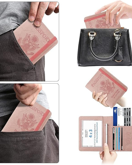 WALNEW Passport Holder for Travel, RFID Passport Cover Wallet for Women Men, PU Leather Passport Book Card Holder Case with Pen (Upgraded, Upgraded-B-Pink)