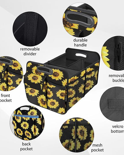 Trunk Organizer, Collapsible Trunk Organizers and Storage, Car Accessories for Women and Men, Multi-Compartment Trunk Storage Organizer for SUV, Car, Mini-Van - Sunflower