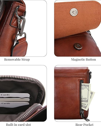 HESHE Leather Small Crossbody Bags for Women RFID Blocking Cell Phone Purse Anti-Theft Travel Bag with wide Straps