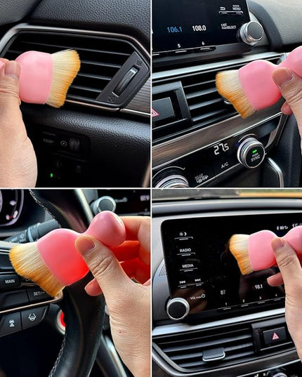 Car Detailing Brush, Soft Bristle Cleaning Brush, Scratch-Free Auto Duster Tool for Dashboard, Air Vents, Leather & Interior Cleaning (Pink&Brown with Cap)