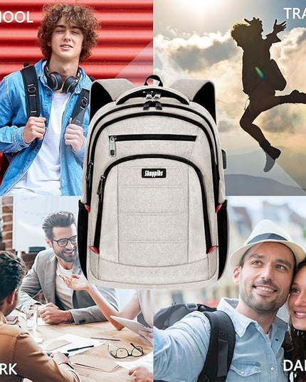 Travel Laptop Backpack for Women, School Backpack with USB Charging Port,Water Resistant Backpack for Girls, Business Work College bookbag,book bag Fits 15.6 Inch,Beige Back Pack