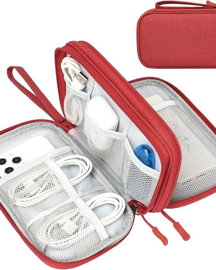 FYY Electronic Organizer, Travel Cable Organizer Bag Pouch Electronic Accessories Carry Case Portable Waterproof Double Layers Storage Bag for Cable, Cord, Charger, Phone, Earphone, Medium Size, Red