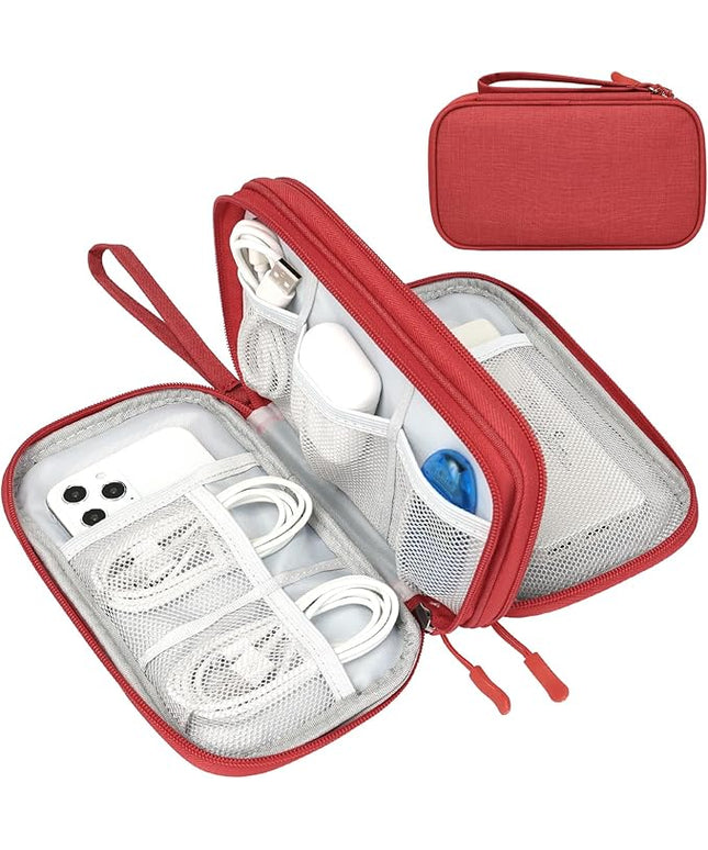 FYY Electronic Organizer, Travel Cable Organizer Bag Pouch Electronic Accessories Carry Case Portable Waterproof Double Layers Storage Bag for Cable, Cord, Charger, Phone, Earphone, Medium Size, Red