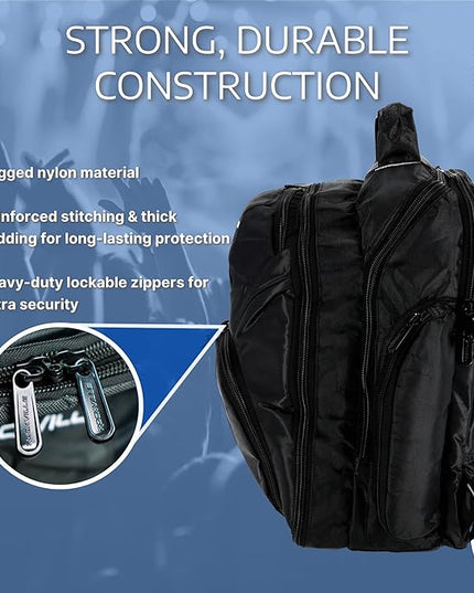 Rockville RVBACKPACK V2 Large DJ Laptop/Gear Travel Backpack, 9 Compartments, Padded Laptop & Headphone Storage, Trolley Sleeve, Lockable Zippers, Reinforced Stitching, Perfect for DJs & Musicians