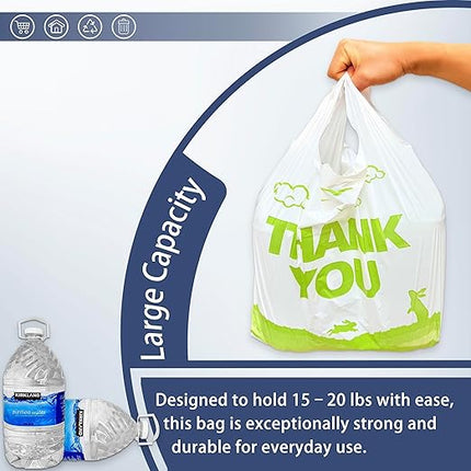 YoYoRain 1000 Pack White Design Thank You T-Shirt Bags with Handles, 11"x6"x21" Plastic Shopping Bags for Grocery, Retail & Takeout