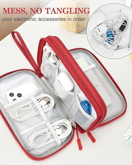 FYY Electronic Organizer, Travel Cable Organizer Bag Pouch Electronic Accessories Carry Case Portable Waterproof Double Layers Storage Bag for Cable, Cord, Charger, Phone, Earphone, Medium Size, Red