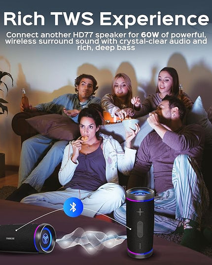 TREBLAB HD77 Bluetooth Speaker, 30W Portable Wireless Speaker with 360° Stereo Sound & Deep Bass, IPX7 Waterproof Outdoor Bluetooth Speaker, 20H Battery, TWS Pairing for Home, Beach, Pool, Camping