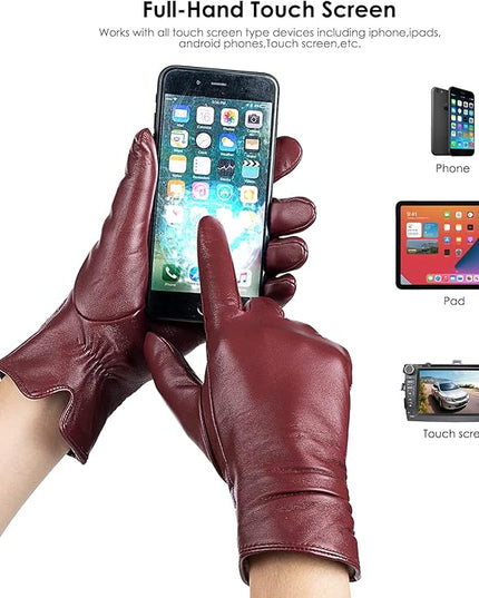Womens Winter Leather Touchscreen Texting Warm Driving Lambskin Pure Genuine leather Gloves