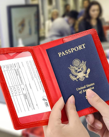 Eoehro Passport and Vaccine Card Holder Combo, Faux Leather, Compact, Lightweight, Waterproof, Red