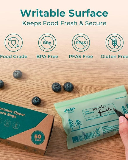 Fit Meal Prep 50 Pack 100% Compostable Snack Bags, 6.5 x 4.1" Resealable Food Storage Bags Snack Size, Plant-Based Freezer Bags for Food, ASTM D6400, US BPI & EU OK Compost Certified