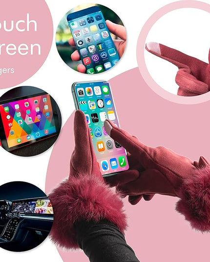 Vagasi Women Touch Screen Gloves, Fleece Lined Winter Gloves for Ladies, Thermal Suede Gloves Fur Cuff for Girls Gifts
