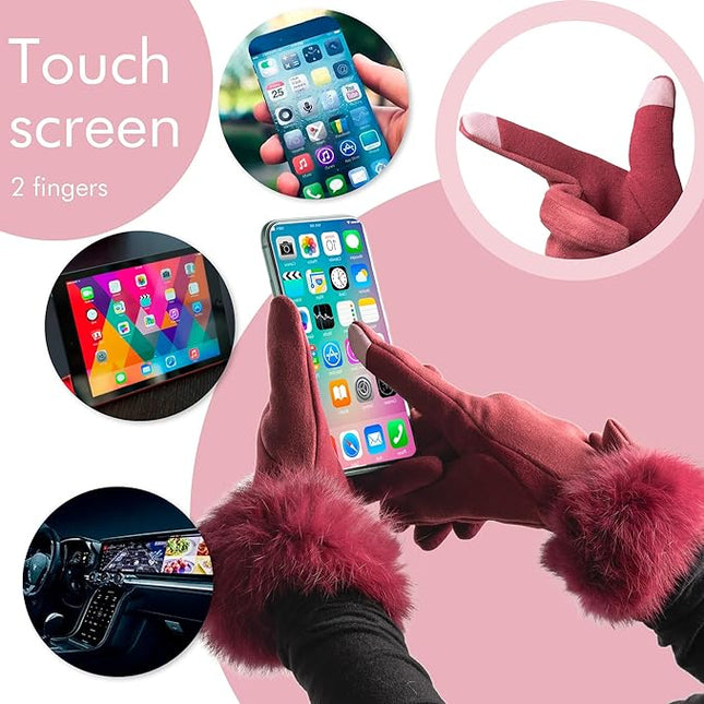 Vagasi Women Touch Screen Gloves, Fleece Lined Winter Gloves for Ladies, Thermal Suede Gloves Fur Cuff for Girls Gifts