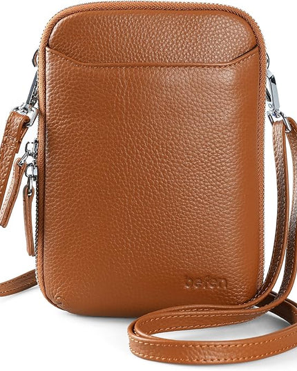 befen Genuine Leather Crossbody Cell Phone Purse for Women, Small Zip Around RFID Blocking Crossbody Wallet Bags