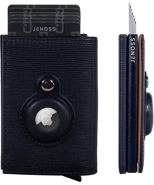 Jenoss Smart AirTag Wallet for Men: Full Grain Leather, Handcrafted, Black Pop Up Case, Slim, RFID Blocking Credit Card Holder Compact, 12 Slot Organizers ID Cash Apple Air Tag Tracker (Black & Brown)