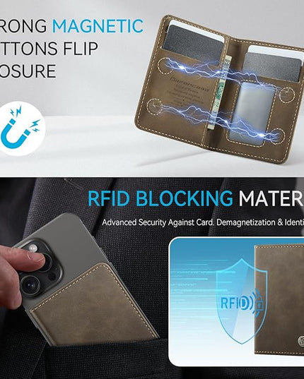 Defencase for Magsafe Wallet Magnetic Card Holder RFID Blocking, PU Leather Minimalist Phone Wallet for MagSafe Phones and Cases for iPhone 17/16/ 15/14/ 13/12/ Pro/Max/Plus/Air, Retro Brown