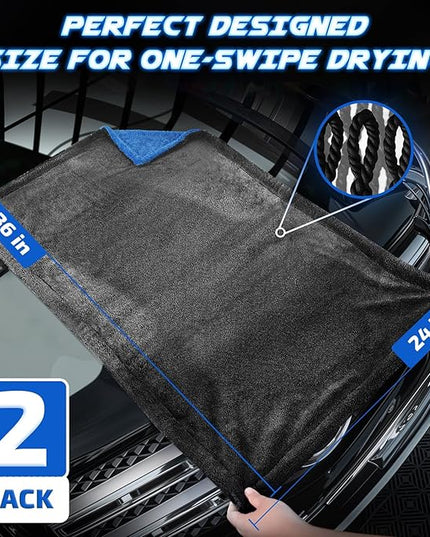 2-Pack 1200 GSM Car Drying Towels – Microfiber Towels for Cars (36" x 24"), Ultra-Absorbent, Streak-Free, Scratch-Free, No Water Spots, Double-Twist Pile & Edgeless Design(Blue)