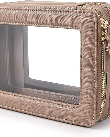 Aveniee Large Clear Makeup Bags, Double Layer Cosmetic Bags with Separate Brush Compartment,Travel Toiletry Bag Train Case,Travel Accessories Organizer for Women,2 Layers,Brown