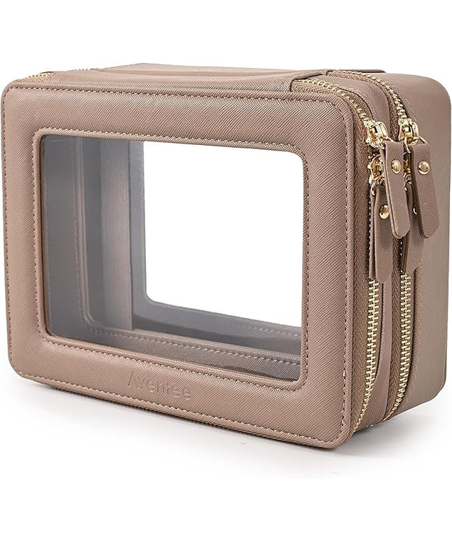 Aveniee Large Clear Makeup Bags, Double Layer Cosmetic Bags with Separate Brush Compartment,Travel Toiletry Bag Train Case,Travel Accessories Organizer for Women,2 Layers,Brown