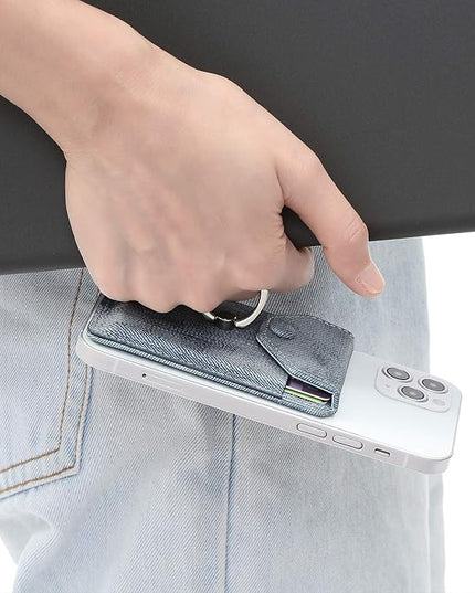 RFID Ring Stand Stick on Wallet for Back of Phone for iPhone Android and All Smartphones Adhesive Credit Card Holder for Cell Phone-Denim Blue …