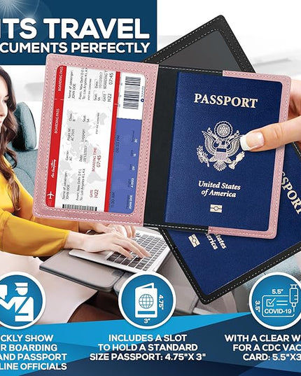 Ciana Passport Holder for Travel – PU Leather Passport Cover and Card Holder for Men & Women – Slim Passport Holder with Card Protector Slot, Travel Must Haves (Black & Pink)