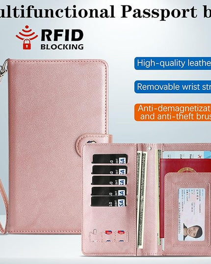 Passport Holder for Travel Essentials, RFID Blocking PU Leather Wallet Cover with Wristlet Strap Magnetic Closure Passport Book Holders Case for Women and Men, Rose Gold