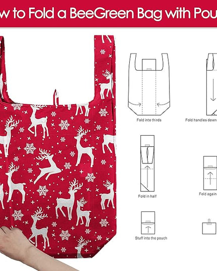 BeeGreen Christmas Reusable Grocery Bags with Zipper Storage Pouch 10 Packs Deer Reusable Shopping Bags Bulk with Elastic Band Foldable-Machine Washable Christmas Gifts Tote Bags