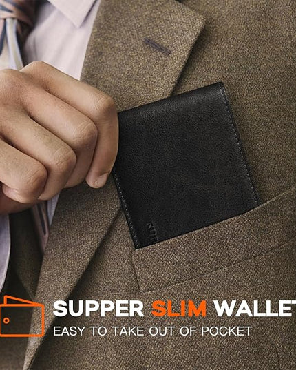RUNBOX Wallet for Men Slim Leather Bifold RFID Blocking Minimalist Front Pocket Design with Gift Box