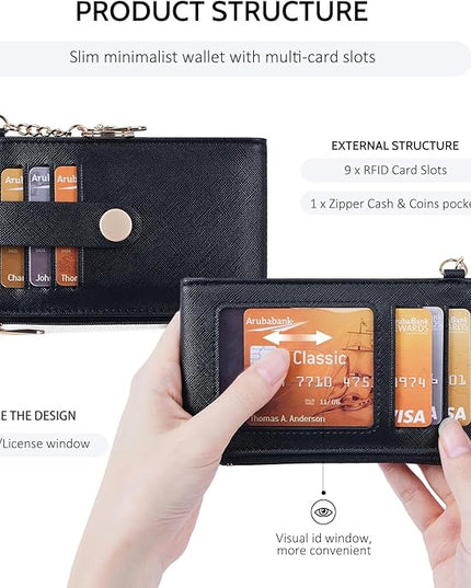 POIUGOYA Slim Wallet for Women,RFID Blocking Bifold Credit Card Holder with Zipper Coin Pocket,ID Window,Keychain