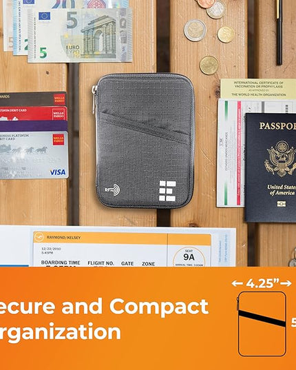 Zero Grid Passport Holder & Travel Wallet with RFID Blocking, Premium Document Organizer for Men & Women, Holds Passports, Cards, Tickets, ID & Cash, Compact Zippered Wallet - Shadow Grey