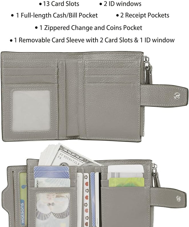AINIMOER Women's RFID Blocking Leather Small Compact Bi-fold Zipper Pocket Wallet Card Case Purse with id Window