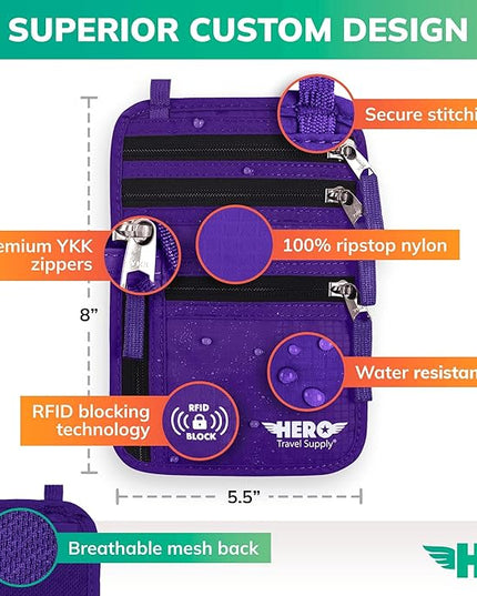 HERO Neck Wallet, RFID Blocking Passport Holder, Easy to Conceal Pouch (Purple)