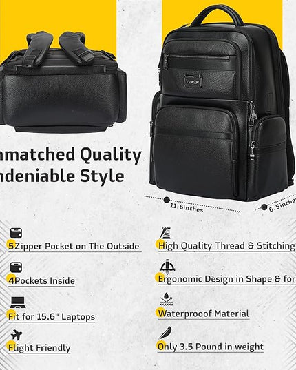 Durable Leather Laptop Business Backpack Perfect for Men & Women, Work Backpack Fits 15.6 Inch, Premium Quality Travel Bag with USB Charging Port, Water-Resistant, Bookbag with Multiple Pockets