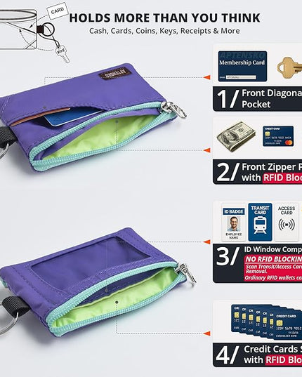 RFID Travel Wallet with Adjustable Lanyard-Zipper Small Wallet with ID Card Holder, Keychain for women&men-Minimalist Slim Waterproof Nylon case for ID, Cash, Key (Violet)