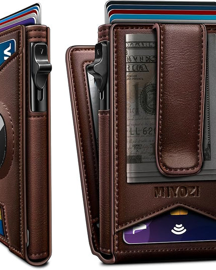 miyozi Airtag Wallet for Men Money Clip 9-Card Pop-Up Credit Card Holder with ID Window RFID Blocking Metal Case Magnetic Closure Front Pocket Wallet Gift Box