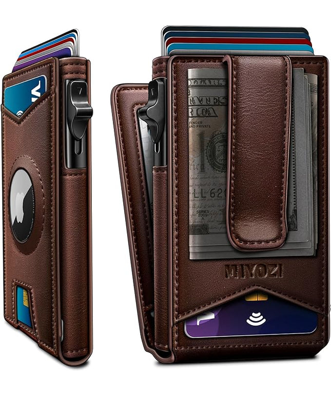 miyozi Airtag Wallet for Men Money Clip 9-Card Pop-Up Credit Card Holder with ID Window RFID Blocking Metal Case Magnetic Closure Front Pocket Wallet Gift Box