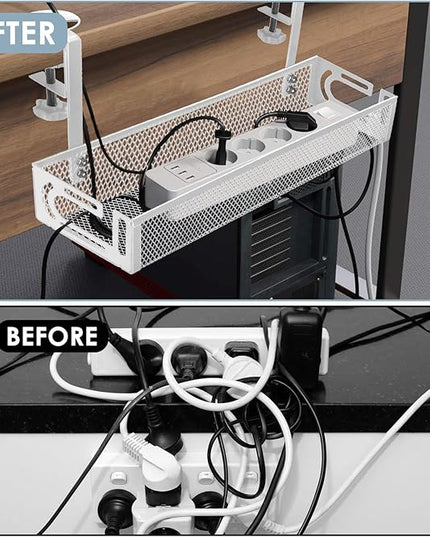 Under Desk Cable Management Tray, Cable Management Under Desk No Drill, Wire Management Tray with Clamp, Cord Organizer for Home Office, White