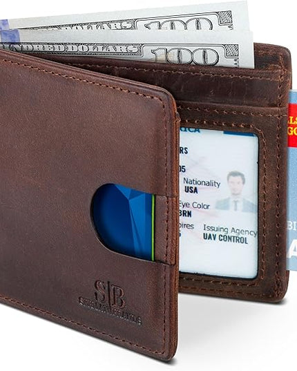 SERMAN BRANDS RFID Blocking Slim Bifold Genuine Leather Thin Minimalist Front Pocket Wallets for Men Billfold Wallet Men Gift
