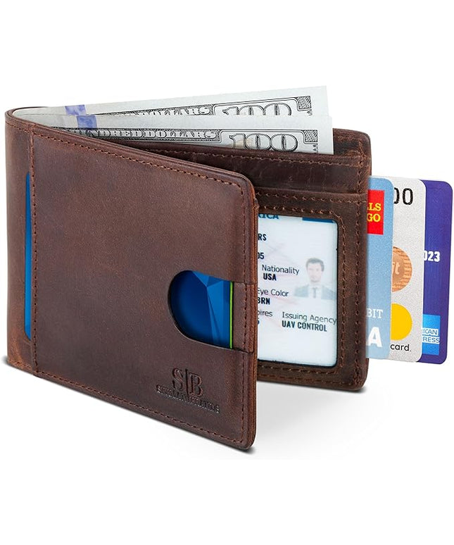 SERMAN BRANDS RFID Blocking Slim Bifold Genuine Leather Thin Minimalist Front Pocket Wallets for Men Billfold Wallet Men Gift