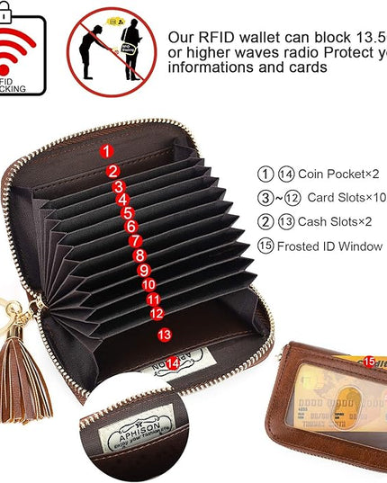 APHISON RFID Credit Card Holder Zipper Card Case Keychain Small Wallet for Women 1927 COFFEE