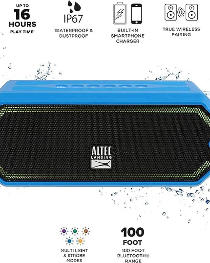 Altec Lansing - HydraJolt Wireless Bluetooth Speaker, Waterproof Portable Speakers with Built in Phone Charger and Lights, Everything Proof Outdoor, Shockproof, Snowproof, 16 Hours Playtime