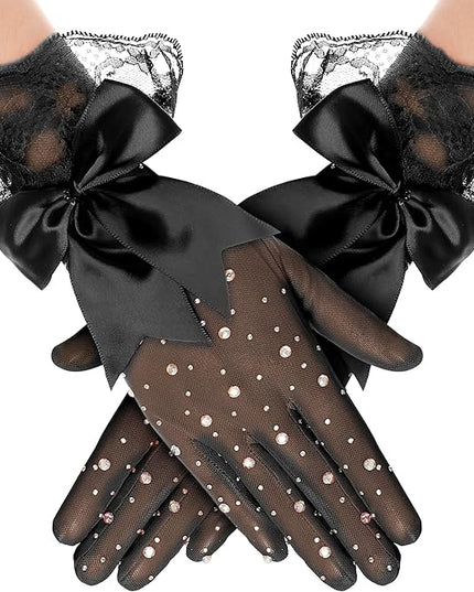 Lace Gloves for Women - Short Bow Rhinestone Tulle Sheer Sparkly Evening Stretchy Gloves for Wedding Opera Party