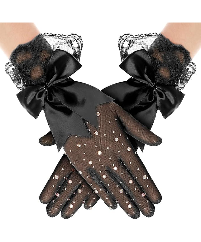 Lace Gloves for Women - Short Bow Rhinestone Tulle Sheer Sparkly Evening Stretchy Gloves for Wedding Opera Party