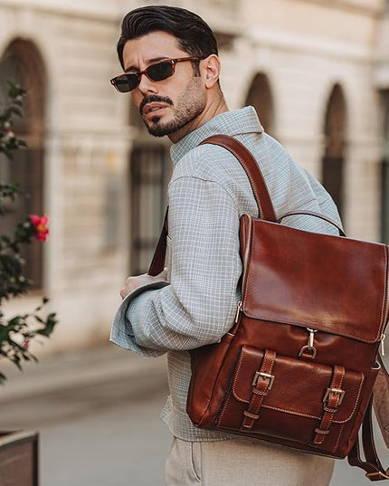 Time Resistance Leather Backpack - Laptop Travel Bag Rucksack up to 15” - Bag for Men and Women (Cognac Brown)